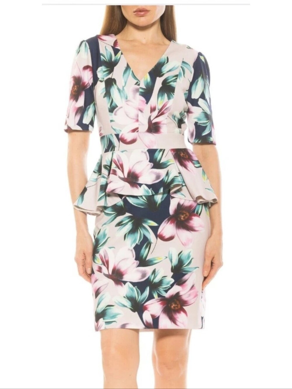 Alexia Admor Taupe Floral Peplum Dress with Teal & Navy Accents